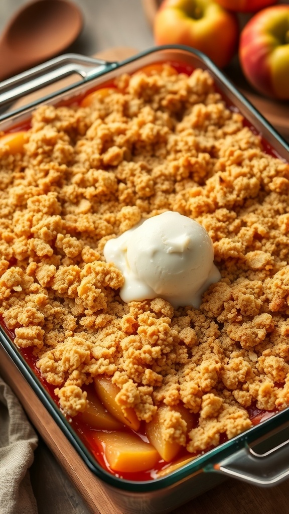 A delicious apple crumble in a baking dish with a golden topping and a scoop of ice cream on top.